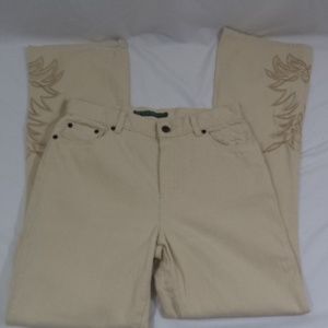 LRL Womens Khaki Jeans Embroidered Flare Legs Sz 4
